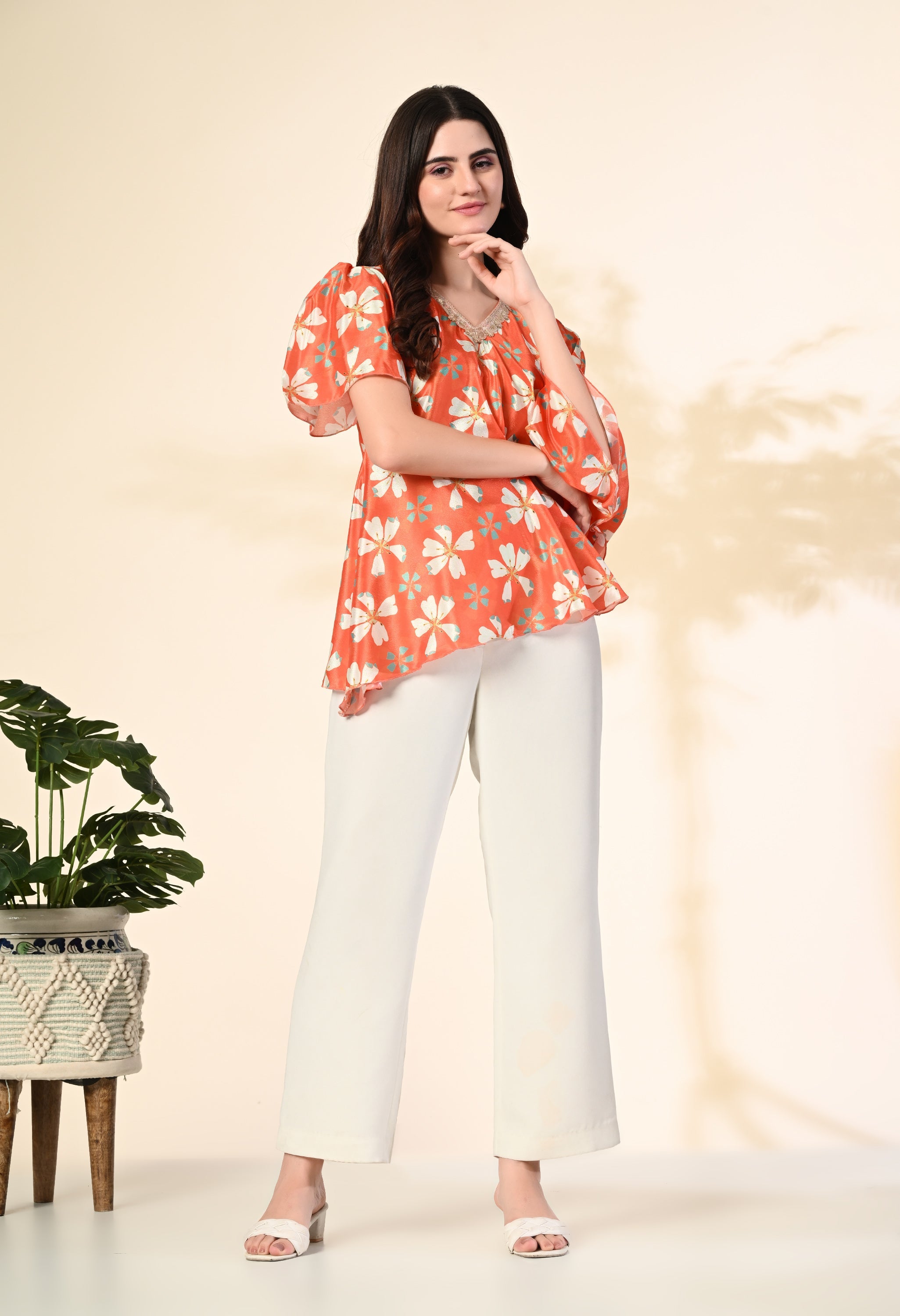Myshka Women's Printed Chinon Kaftan Style Flayerd Sleeves Party Tops In Orange Color