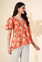 Myshka Women's Printed Chinon Kaftan Style Flayerd Sleeves Party Tops In Orange Color