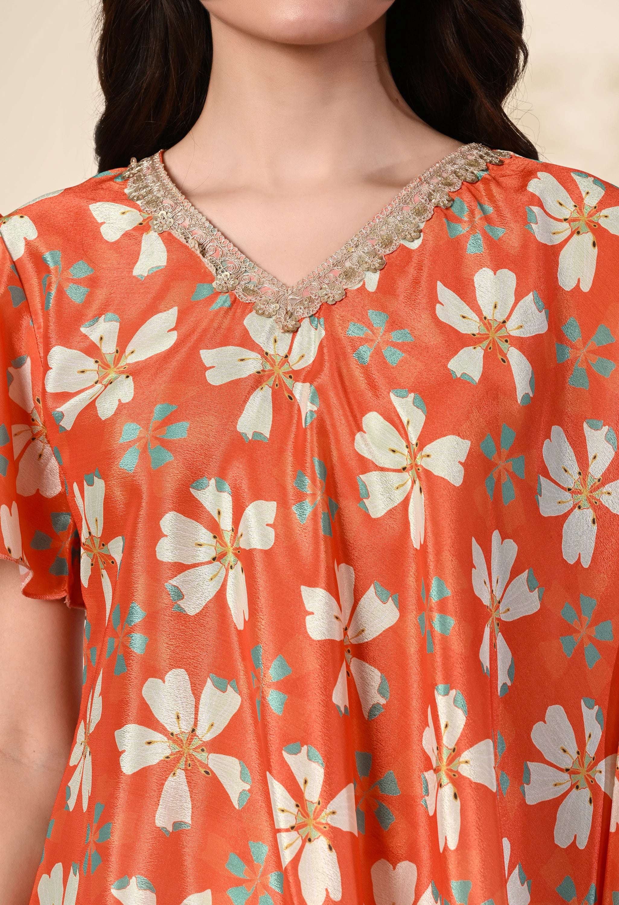 Myshka Women's Printed Chinon Kaftan Style Flayerd Sleeves Party Tops In Orange Color