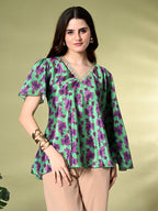 Myshka Women's Printed Chinon Kaftan Style Flayerd Sleeves Party Tops In Green Color