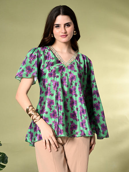 Myshka Women's Printed Chinon Kaftan Style Flayerd Sleeves Party Tops In Green Color