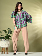 Myshka Women's Printed Chinon Kaftan Style Flayerd Sleeves Party Tops In Green Color