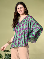 Myshka Women's Printed Chinon Kaftan Style Flayerd Sleeves Party Tops In Green Color