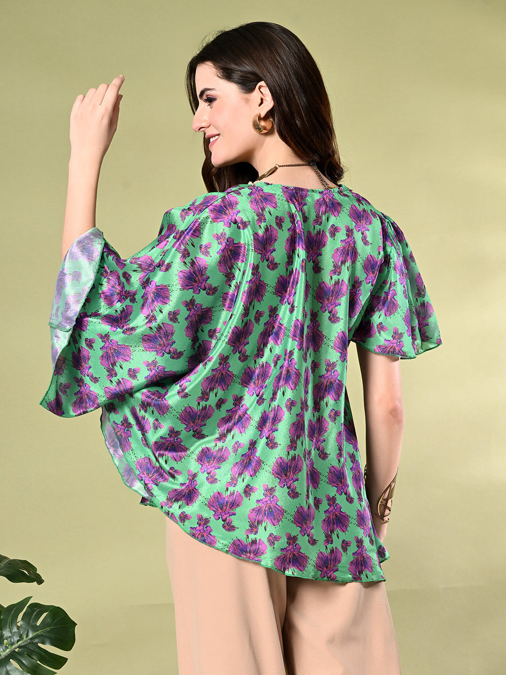 Myshka Women's Printed Chinon Kaftan Style Flayerd Sleeves Party Tops In Green Color