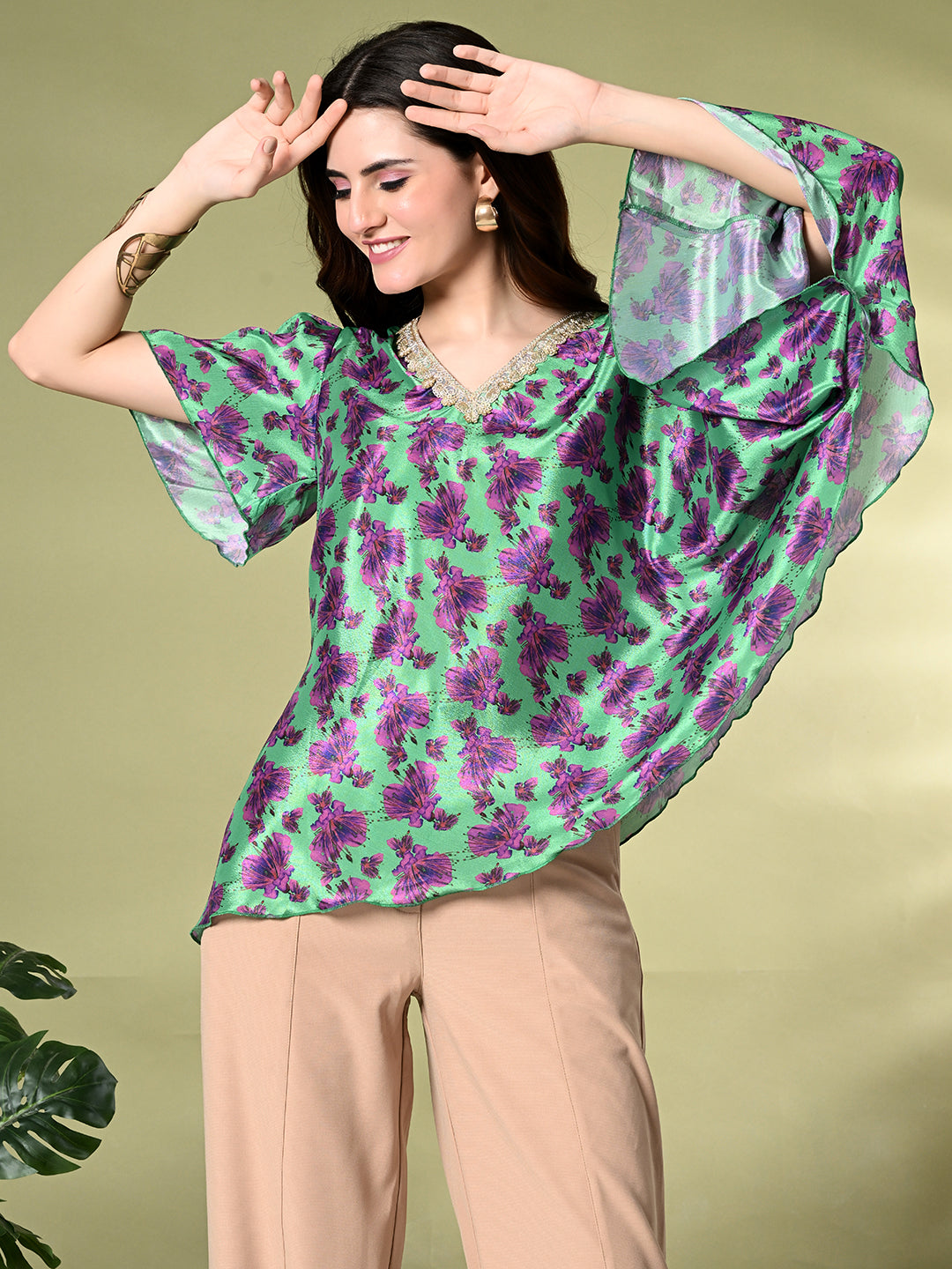 Myshka Women's Printed Chinon Kaftan Style Flayerd Sleeves Party Tops In Green Color