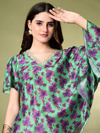 Myshka Women's Printed Chinon Kaftan Style Flayerd Sleeves Party Tops In Green Color