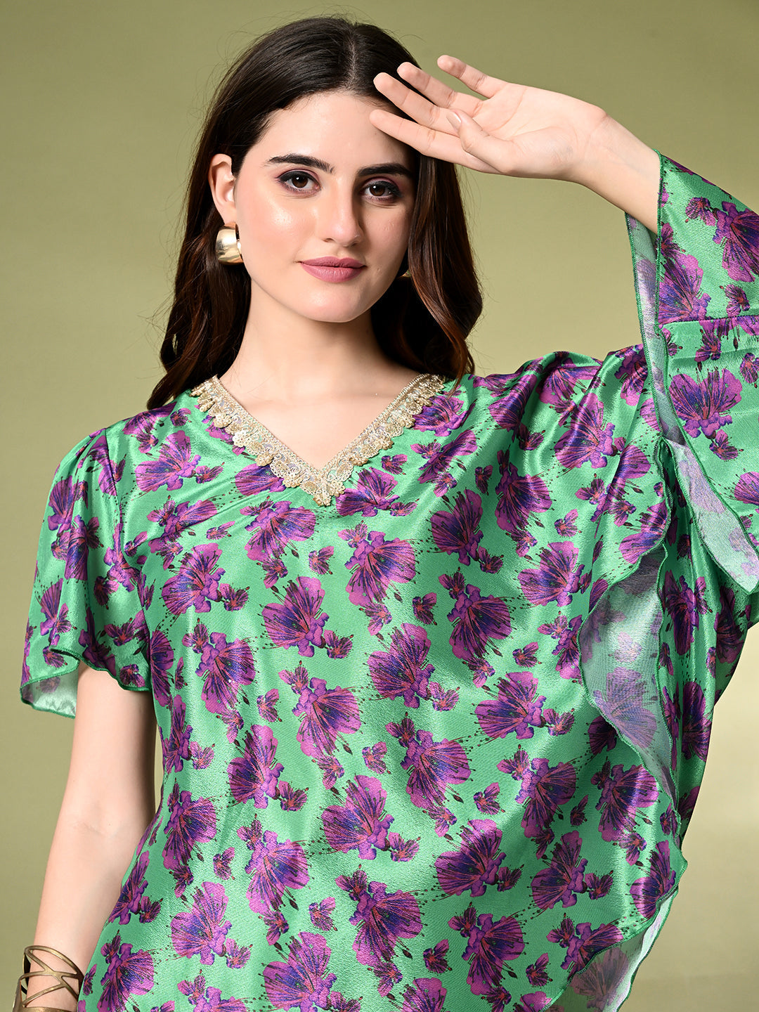 Myshka Women's Printed Chinon Kaftan Style Flayerd Sleeves Party Tops In Green Color