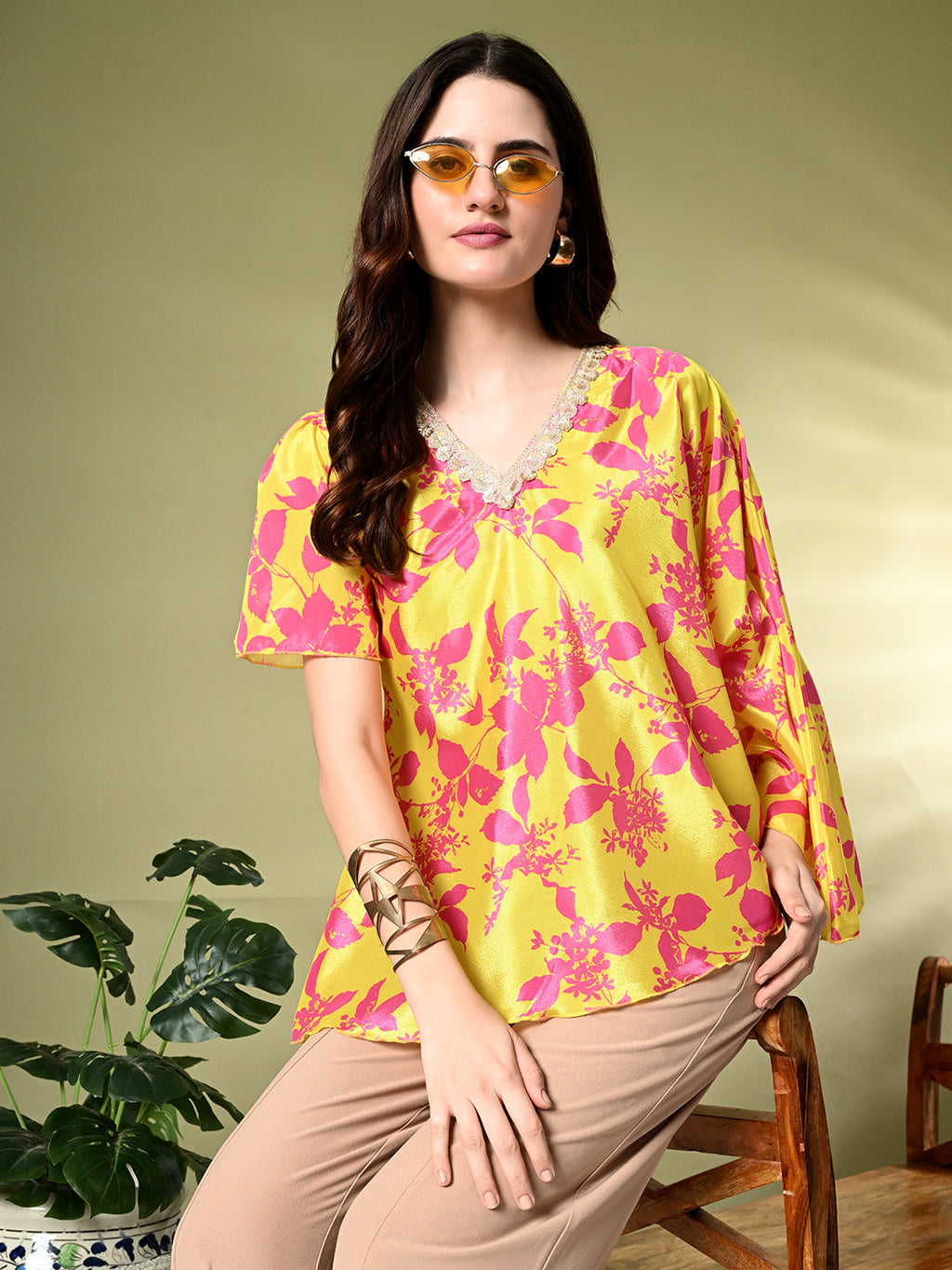 Myshka Women's Printed Chinon Kaftan Style Flayerd Sleeves Party Tops In Yellow Color