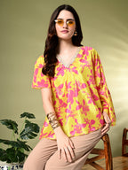 Myshka Women's Printed Chinon Kaftan Style Flayerd Sleeves Party Tops In Yellow Color