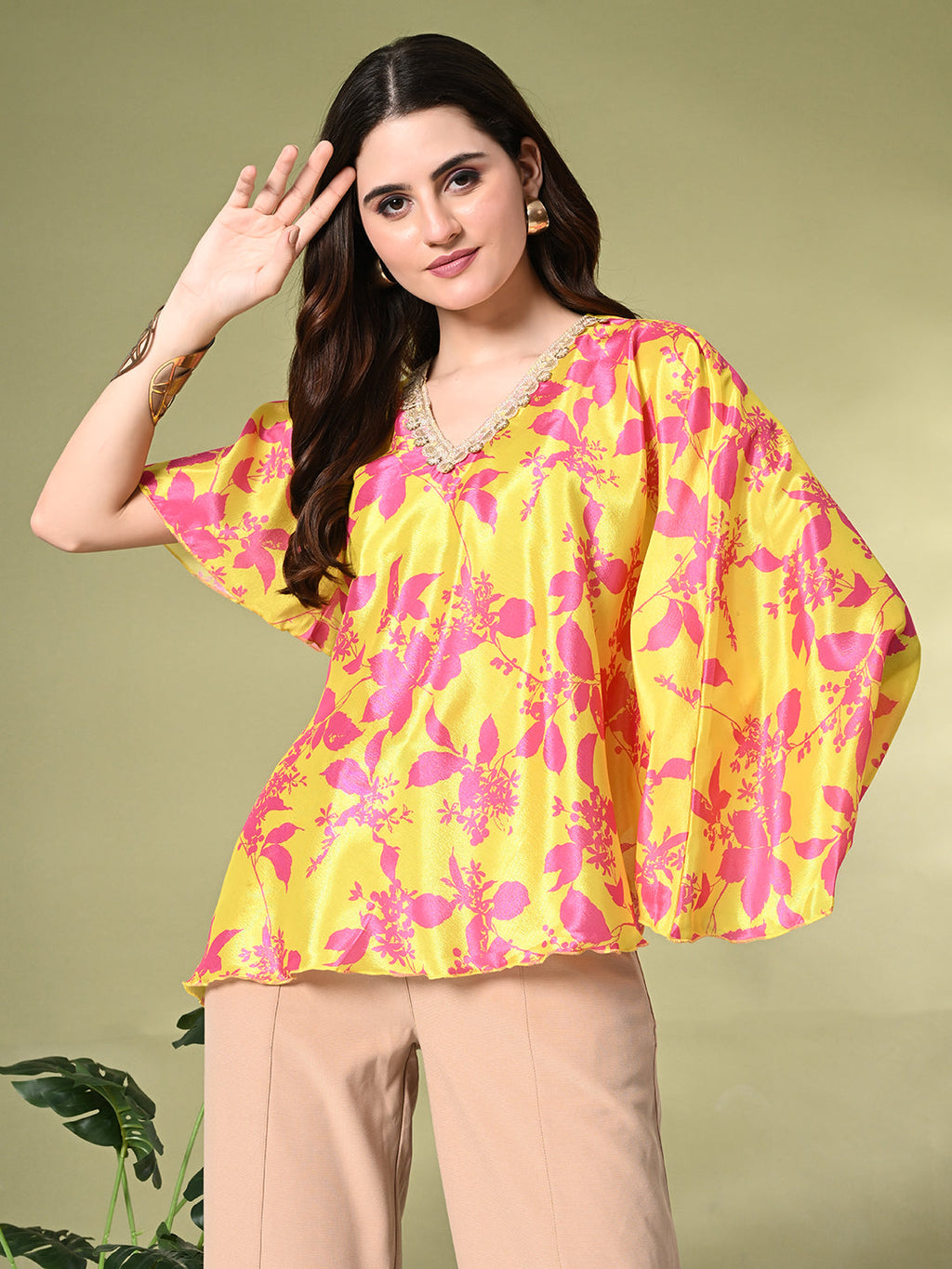 Myshka Women's Printed Chinon Kaftan Style Flayerd Sleeves Party Tops In Yellow Color