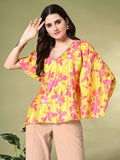Myshka Women's Printed Chinon Kaftan Style Flayerd Sleeves Party Tops In Yellow Color
