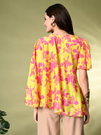 Myshka Women's Printed Chinon Kaftan Style Flayerd Sleeves Party Tops In Yellow Color