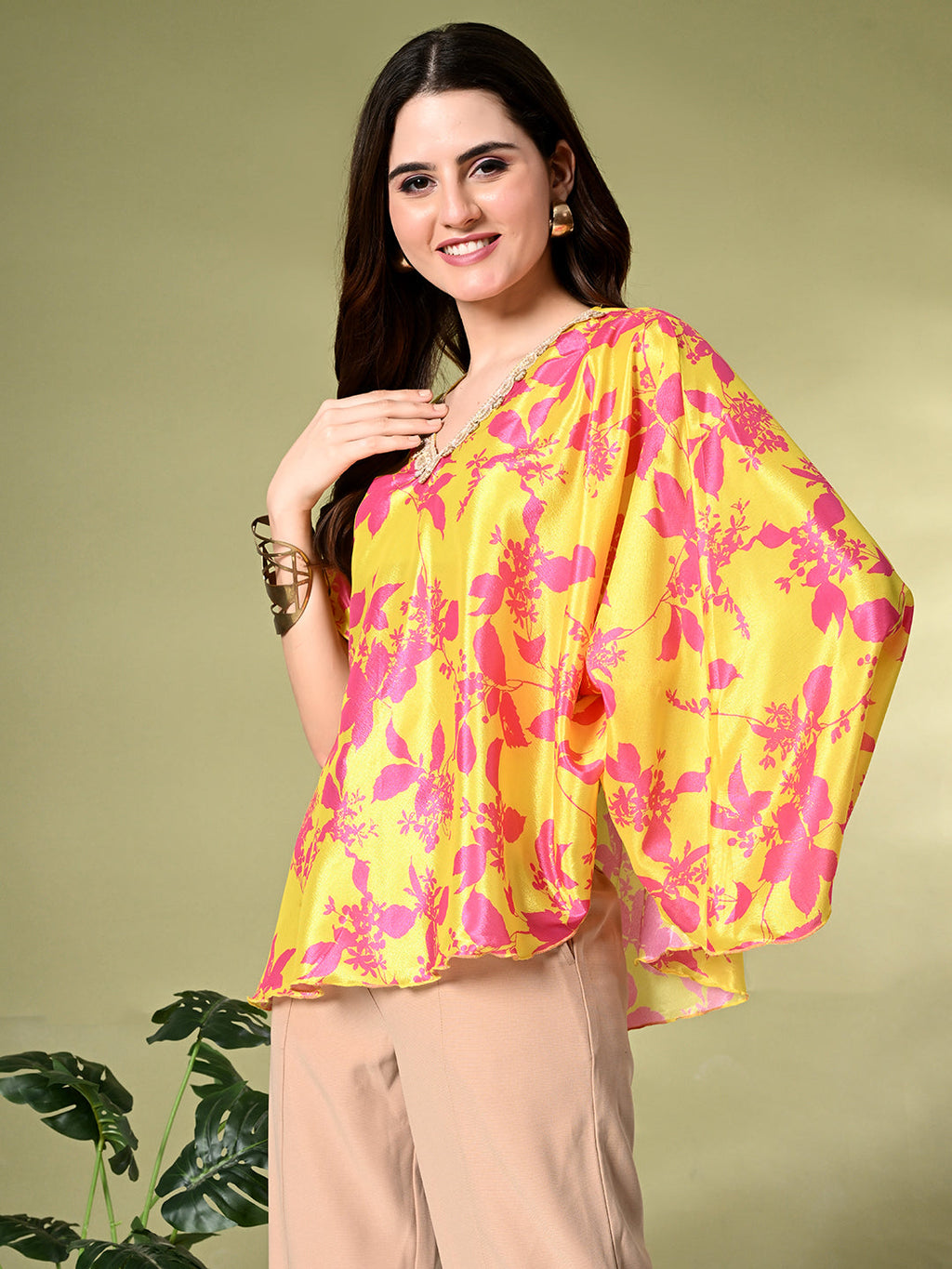 Myshka Women's Printed Chinon Kaftan Style Flayerd Sleeves Party Tops In Yellow Color