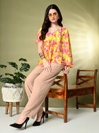 Myshka Women's Printed Chinon Kaftan Style Flayerd Sleeves Party Tops In Yellow Color