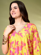 Myshka Women's Printed Chinon Kaftan Style Flayerd Sleeves Party Tops In Yellow Color