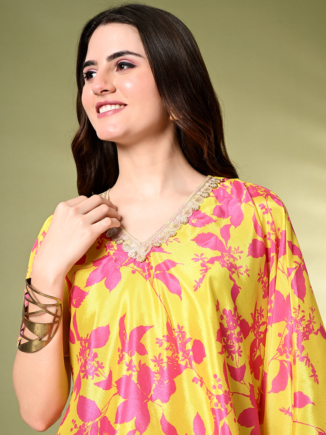 Myshka Women's Printed Chinon Kaftan Style Flayerd Sleeves Party Tops In Yellow Color