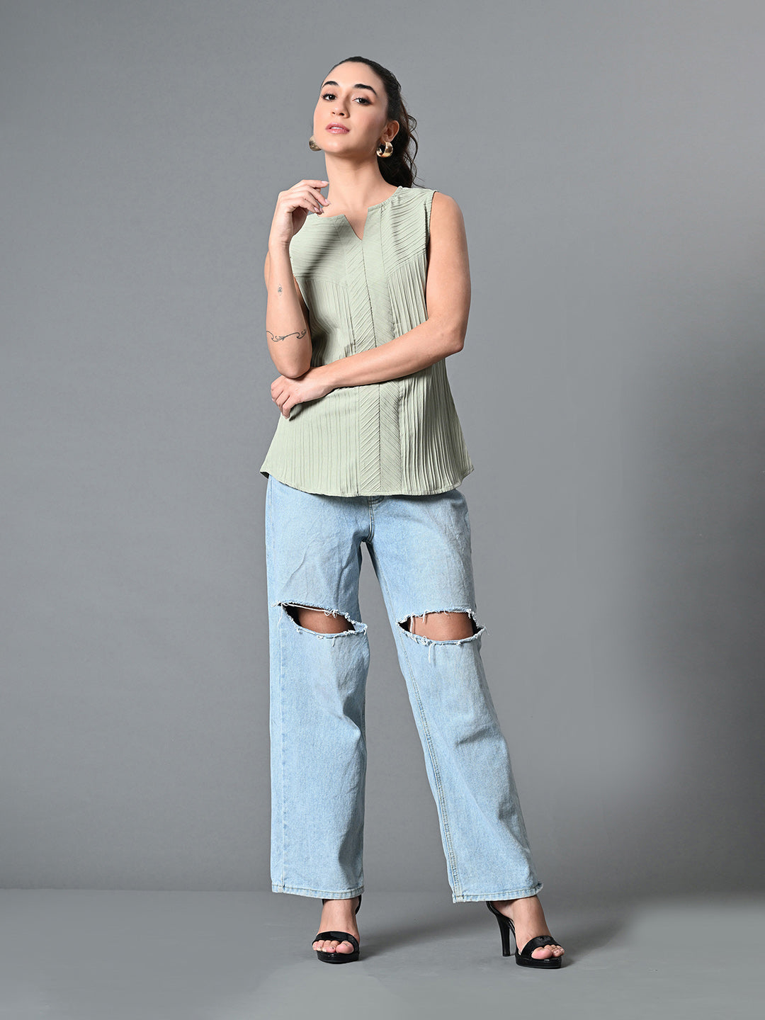 Myshka Women's Keyhole Neck Sleeveless Top in Olive Color - Distacart