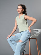 Myshka Women's Keyhole Neck Sleeveless Top in Olive Color - Distacart