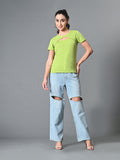Myshka Women's Ribbed Round Neck Cut-out Short Sleeves Top in Green Color