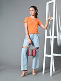 Myshka Women's Ribbed Round Neck Cut-out Short Sleeves Top in Orange Color