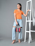 Myshka Women's Ribbed Round Neck Cut-out Short Sleeves Top in Orange Color