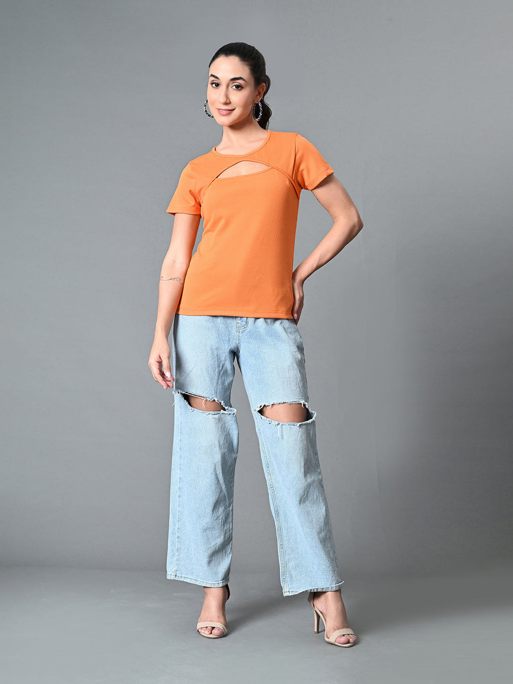 Myshka Women's Ribbed Round Neck Cut-out Short Sleeves Top in Orange Color