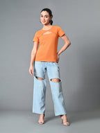 Myshka Women's Ribbed Round Neck Cut-out Short Sleeves Top in Orange Color