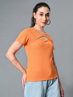 Myshka Women's Ribbed Round Neck Cut-out Short Sleeves Top in Orange Color