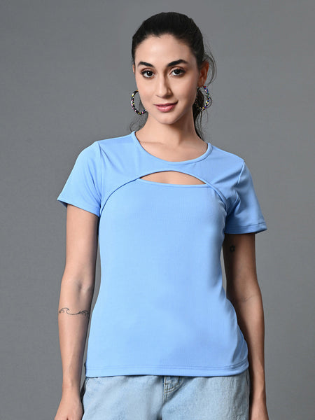 Myshka Women's Ribbed Round Neck Cut-out Short Sleeves Top in Blue Color