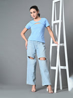 Myshka Women's Ribbed Round Neck Cut-out Short Sleeves Top in Blue Color