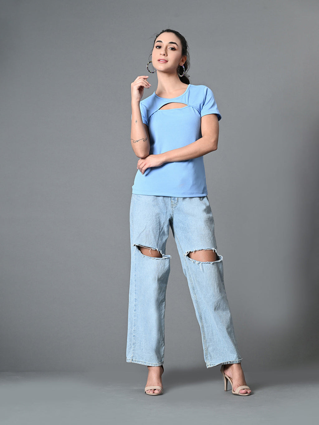 Myshka Women's Ribbed Round Neck Cut-out Short Sleeves Top in Blue Color