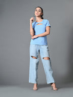Myshka Women's Ribbed Round Neck Cut-out Short Sleeves Top in Blue Color