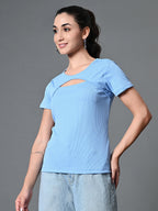Myshka Women's Ribbed Round Neck Cut-out Short Sleeves Top in Blue Color