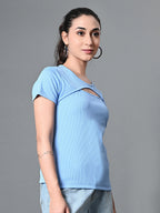 Myshka Women's Ribbed Round Neck Cut-out Short Sleeves Top in Blue Color
