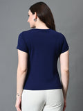 Myshka Women's Ribbed Round Neck Cut-out Short Sleeves Top in Navy Blue Color