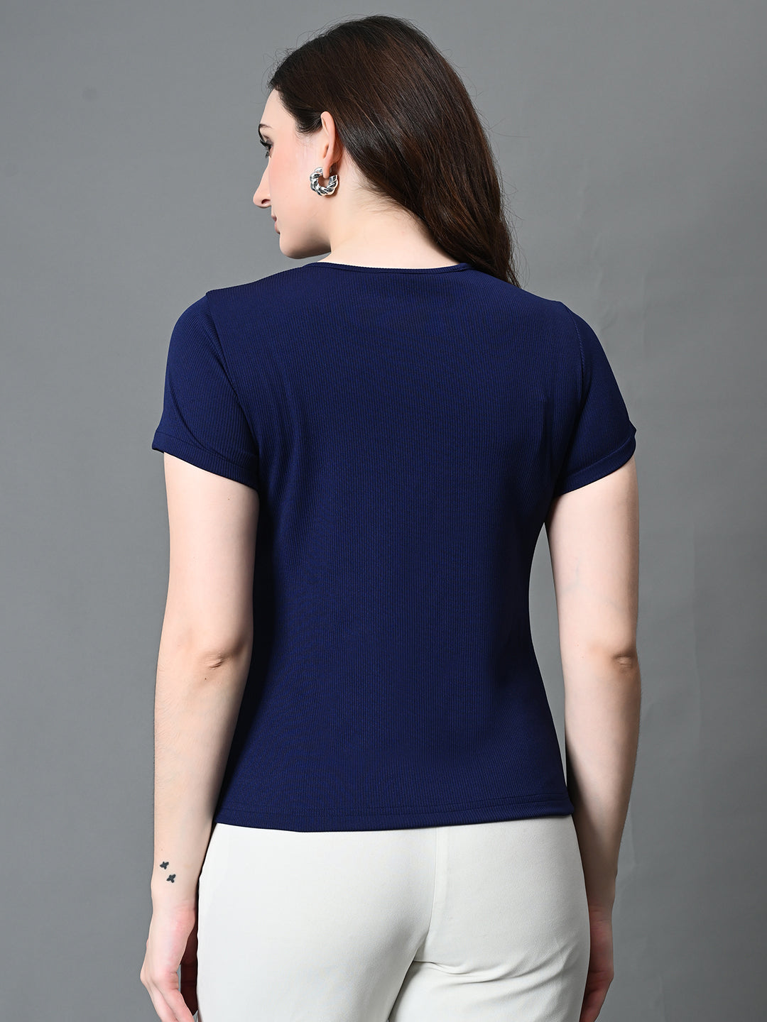 Myshka Women's Ribbed Round Neck Cut-out Short Sleeves Top in Navy Blue Color