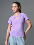 Myshka Women's Ribbed Round Neck Cut-out Short Sleeves Top in Lavender Color