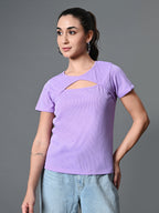 Myshka Women's Ribbed Round Neck Cut-out Short Sleeves Top in Lavender Color