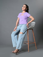 Myshka Women's Ribbed Round Neck Cut-out Short Sleeves Top in Lavender Color