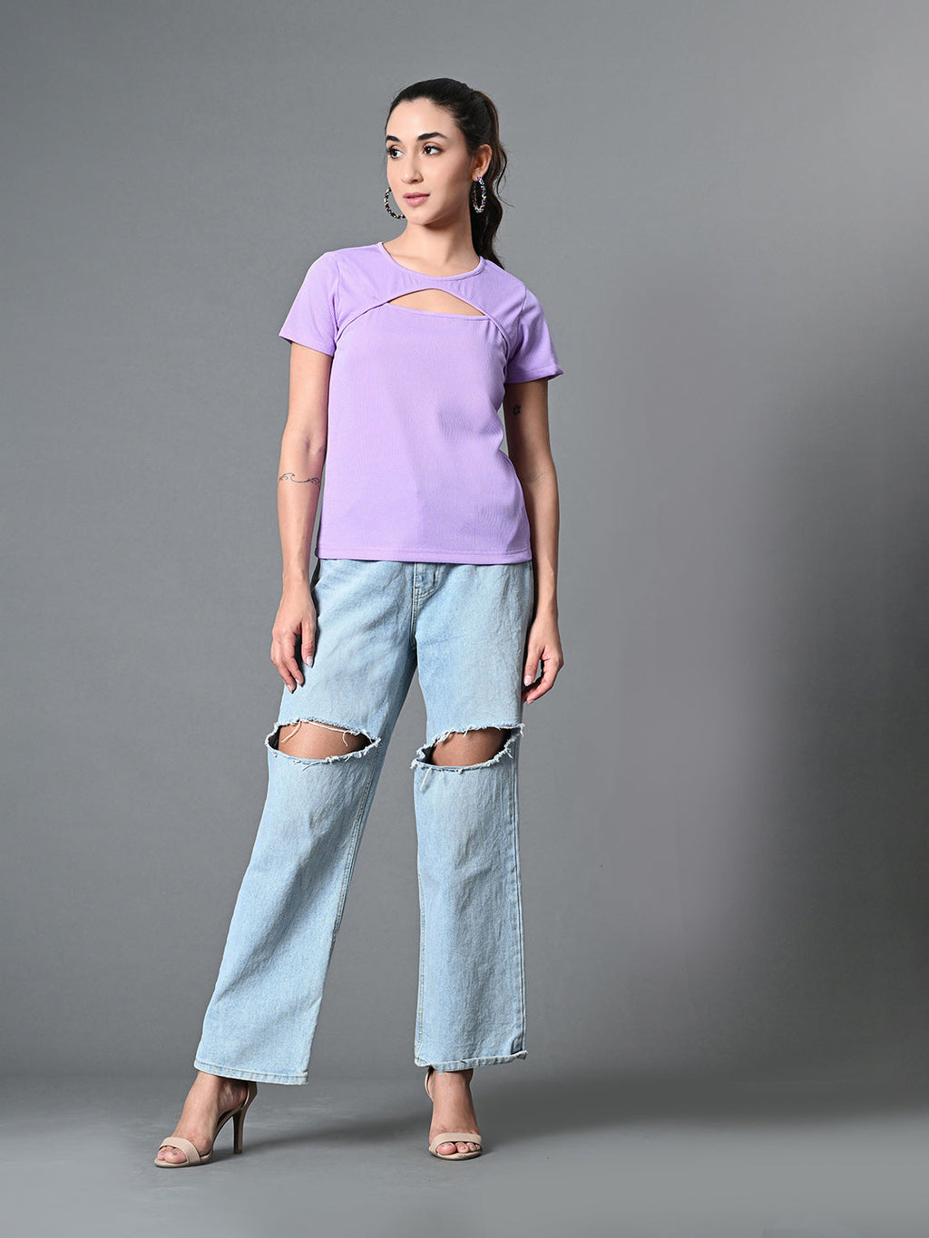 Myshka Women's Ribbed Round Neck Cut-out Short Sleeves Top in Lavender Color