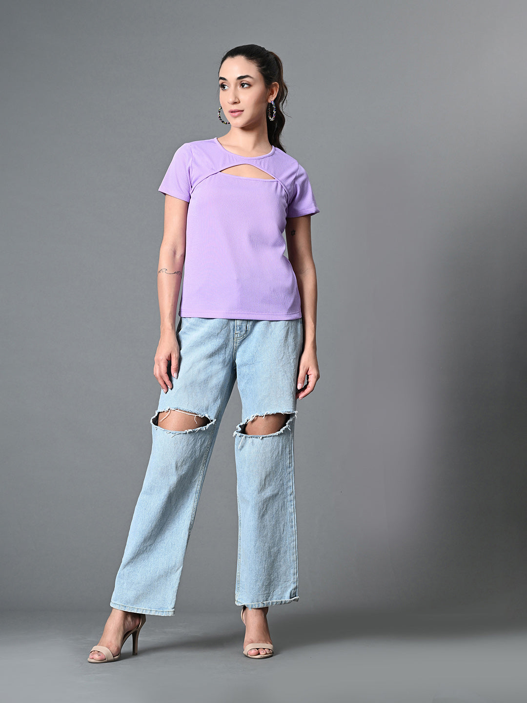 Myshka Women's Ribbed Round Neck Cut-out Short Sleeves Top in Lavender Color
