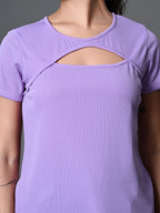 Myshka Women's Ribbed Round Neck Cut-out Short Sleeves Top in Lavender Color