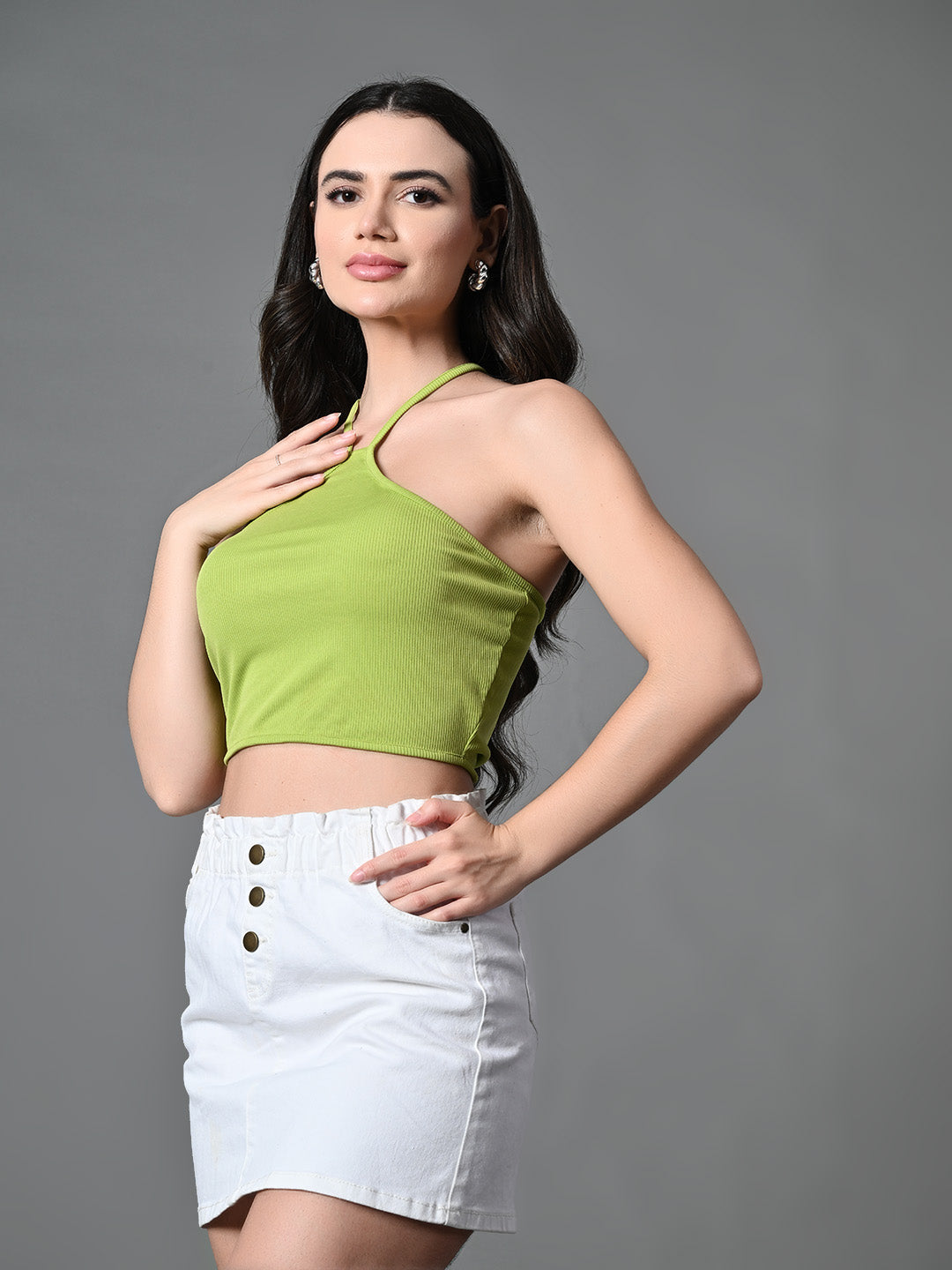 Myshka Women's Ribbed Halter Neck Sleeveless Top in Green Color