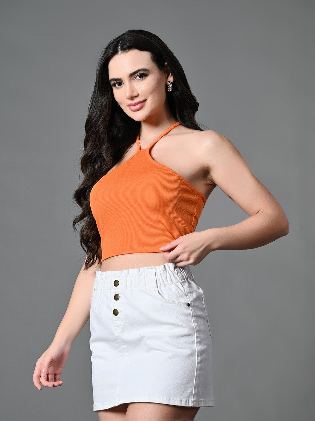 Myshka Women's Ribbed Halter Neck Sleeveless Top in Orange Color