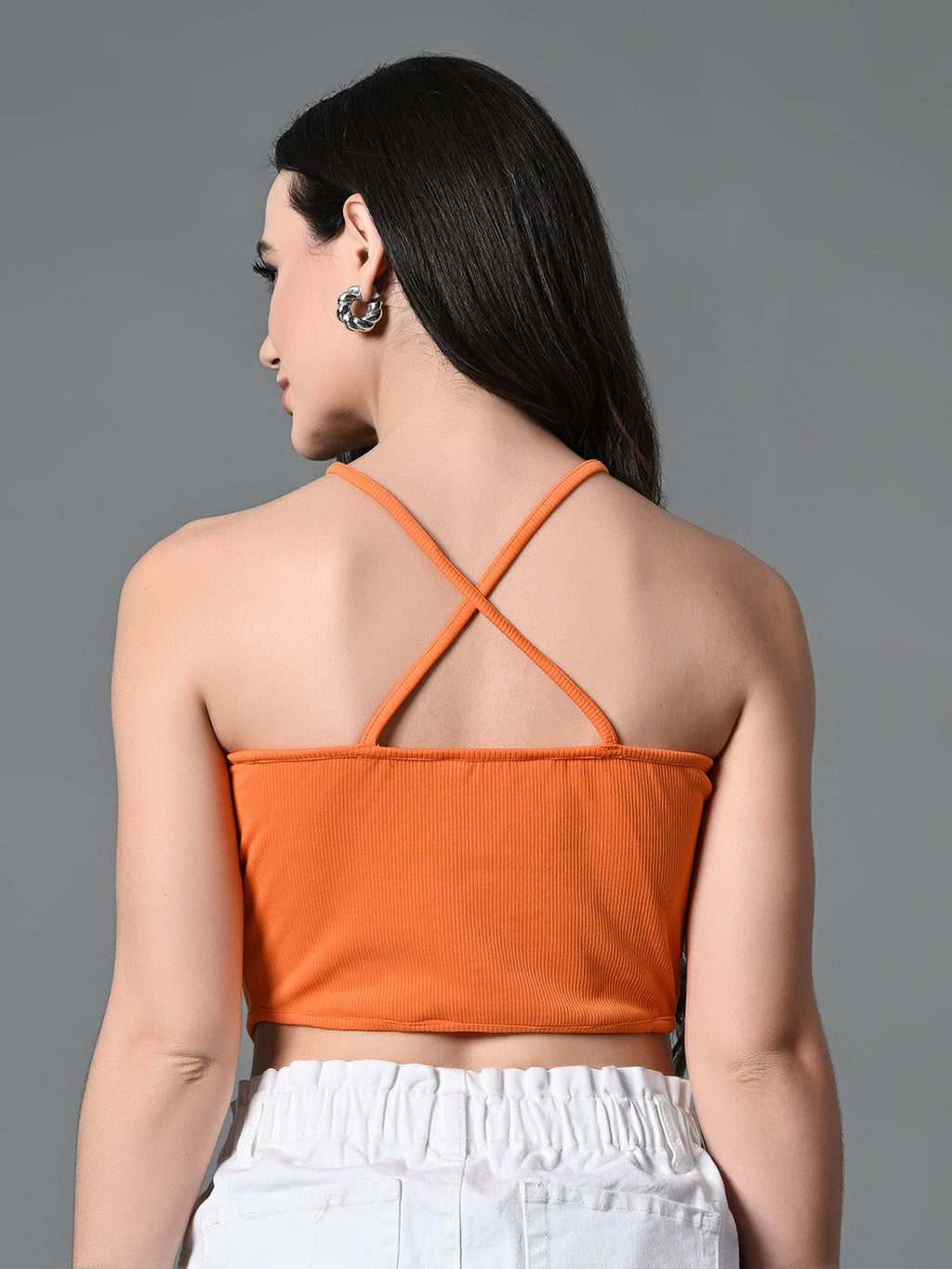 Myshka Women's Ribbed Halter Neck Sleeveless Top in Orange Color