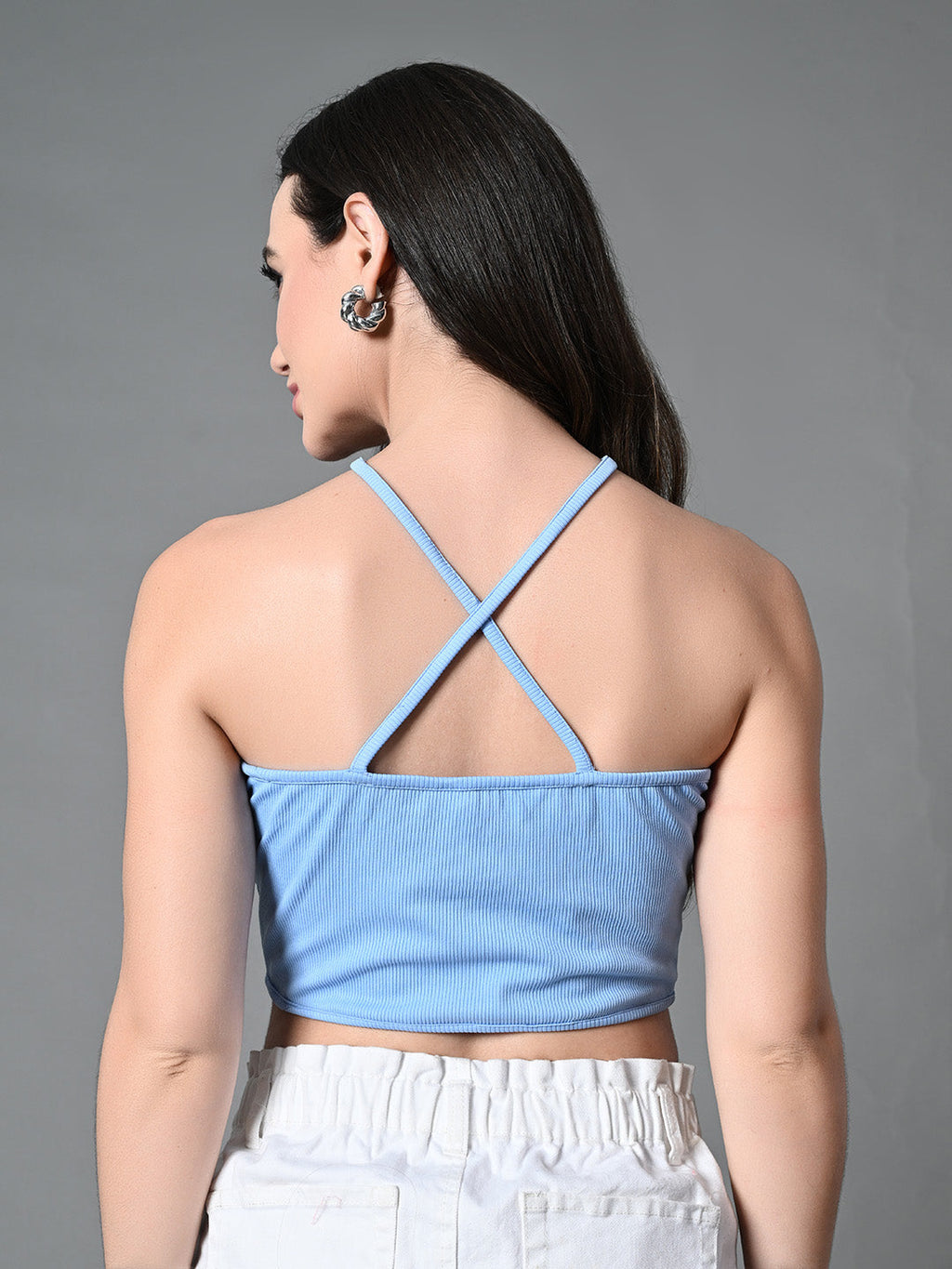 Myshka Women's Ribbed Halter Neck Sleeveless Top in Blue Color