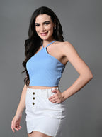 Myshka Women's Ribbed Halter Neck Sleeveless Top in Blue Color