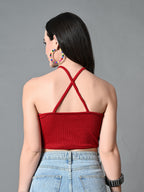 Myshka Women's Ribbed Halter Neck Sleeveless Top in Maroon Color