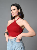 Myshka Women's Ribbed Halter Neck Sleeveless Top in Maroon Color