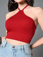 Myshka Women's Ribbed Halter Neck Sleeveless Top in Maroon Color